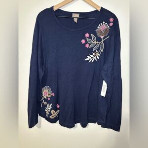 Chico’s Embroidered Pullover Sweater SZ 4 Scoop Neck Long Sleeve color Midnight